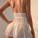 Women's 2 Piece Polka Dots Lace Sheer Mesh V Neck Babydoll Teddy Lingerie Set (White, S)