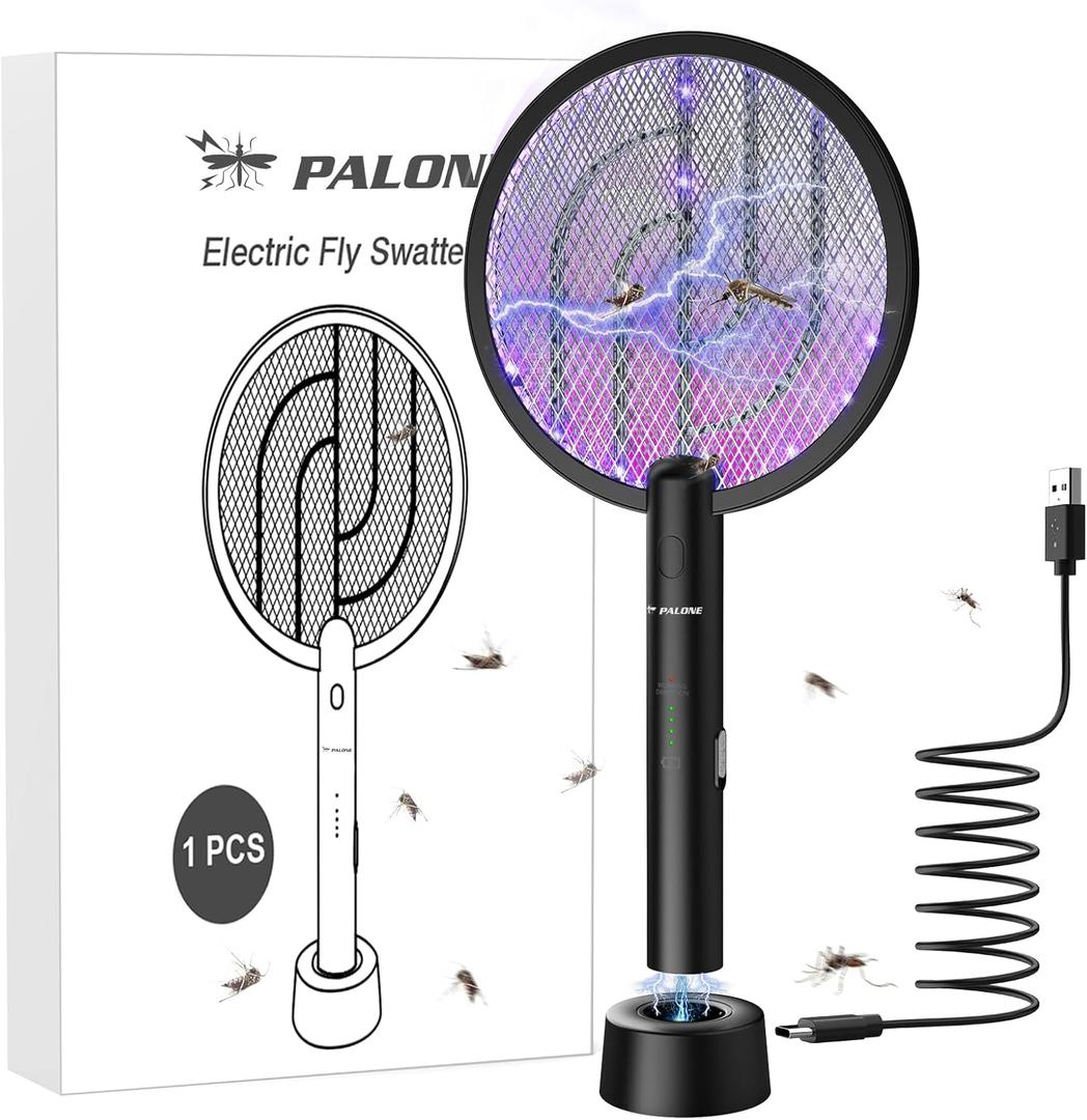PALONE Electric Fly Swatter 4000V Bug Zapper Racket 2 in 1 Fly Swatter with 1200mAh Battery Rechargeable Mosquito Killer Lamp with 3 Layers Safety Mesh for Indoor and Outdoor (Black)