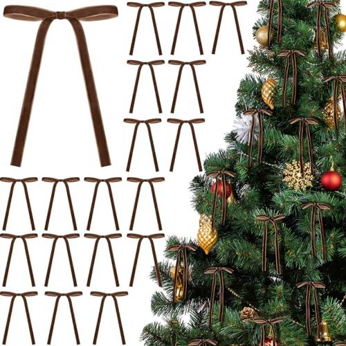 Glitinsel Brown 24 Pcs Velvet Bows Christmas Tree Ornaments Valentines Day Bows Decoration for Garland Home Coquette Wedding Decor (5 x 7 Inch,Width of 3/8")