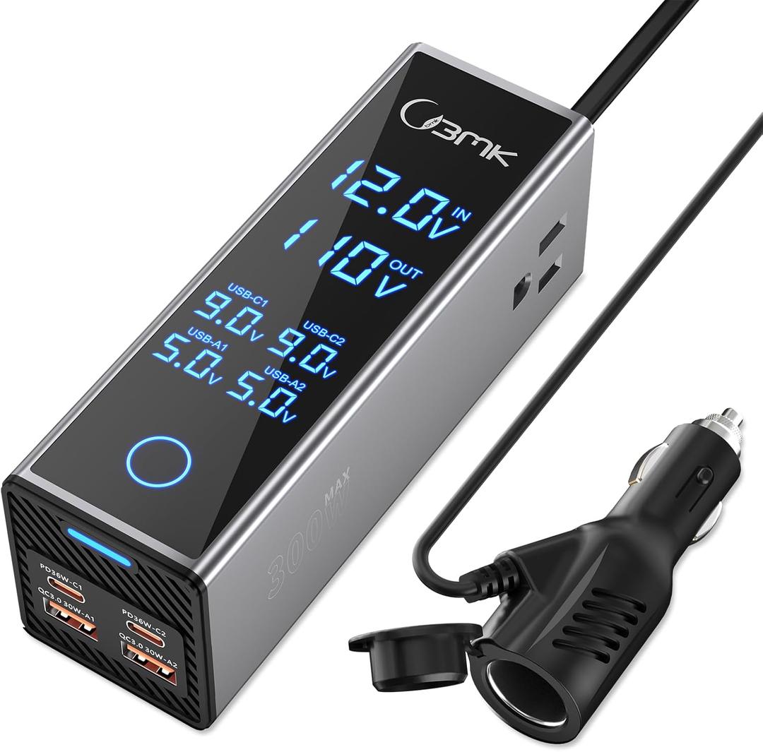 BMK BMK 300W Car Power Inverter with 12V to 110V Dual AC Outlets & 4 Fast USB Ports (QC3.0 & PD), Car Outlet Adapter with LCD Display, Smart Cooling for Laptop/CPAP/Travel