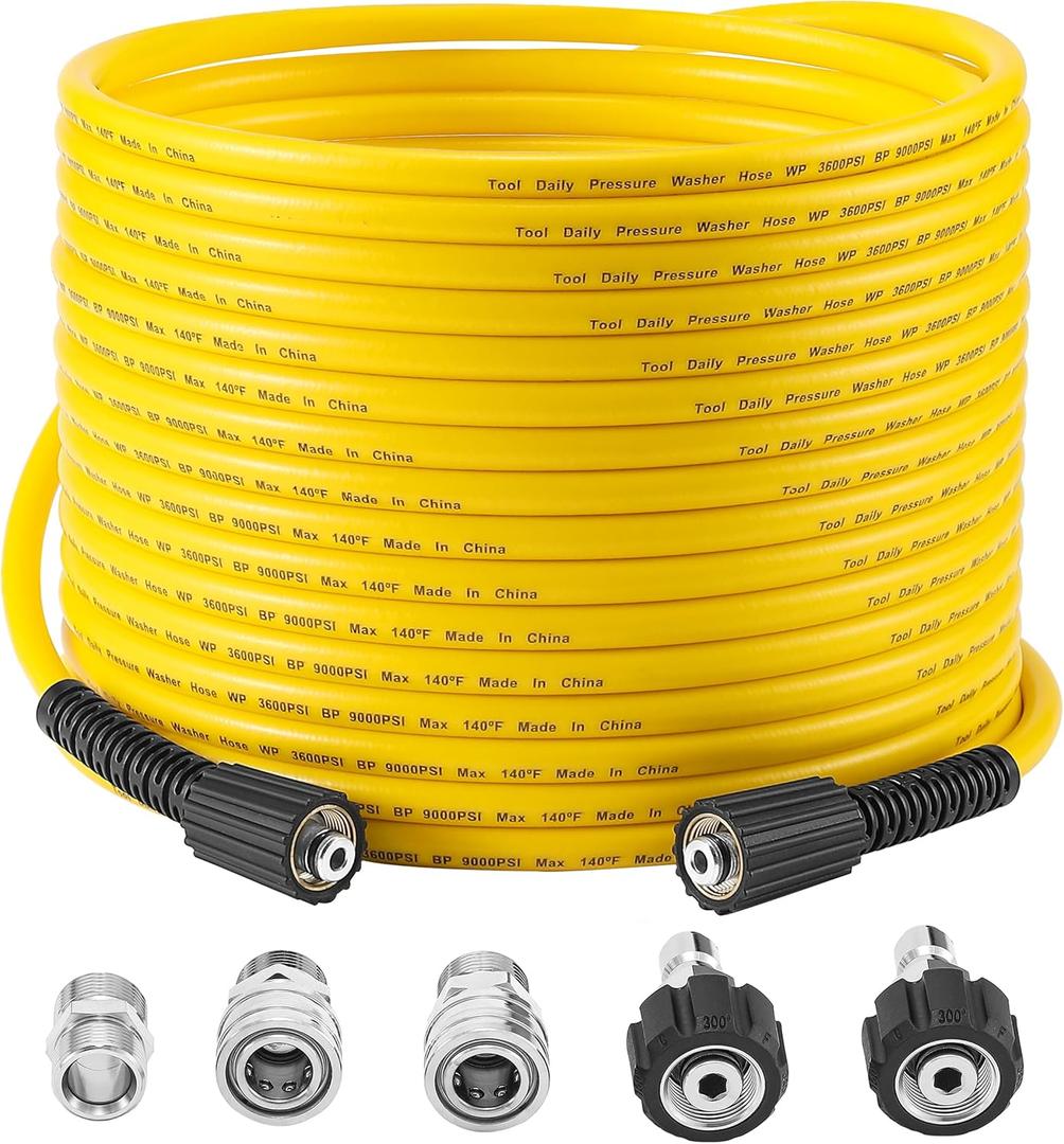 Tool Daily Pressure Washer Hose 50 FT X 1/4", Power Washer Replacement Extension Hose with M22 14mm Fitting, Kink Resistant,3/8" Quick Connect Kit For Gas & Electric Pressure Washer, 3600 PSI