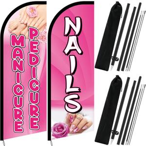 SmoothNovelty 2 Sets Nails Salon Feather Flag 7 ft Manicure Pedicure Feather Flag with Flagpole Portable Bags Kit Pink Nail Sign for Business Advertising Marketing Storefronts Retailers Shops Events