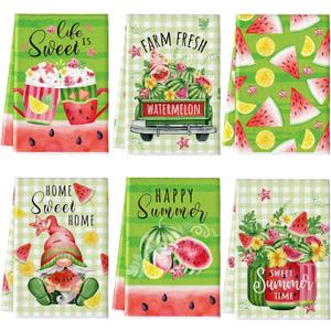 Tudomro 6 Pcs Summer Watermelon Kitchen Towels Summer Watermelon Gnome Truck Dish Towels Absorbent Soft Kitchen Fingertip Towels Fresh Watercolor Towel Set 21x14 In for Bathroom Holiday Seasonal Decor