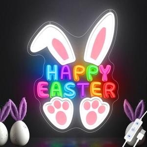 Happy Easter Neon Signs for Wall Decor, LED Bunny Egg Neon Light with USB Dimmable, Glowing Decor for Easter Party, Church, Kids Room, Home & Friend Gifts