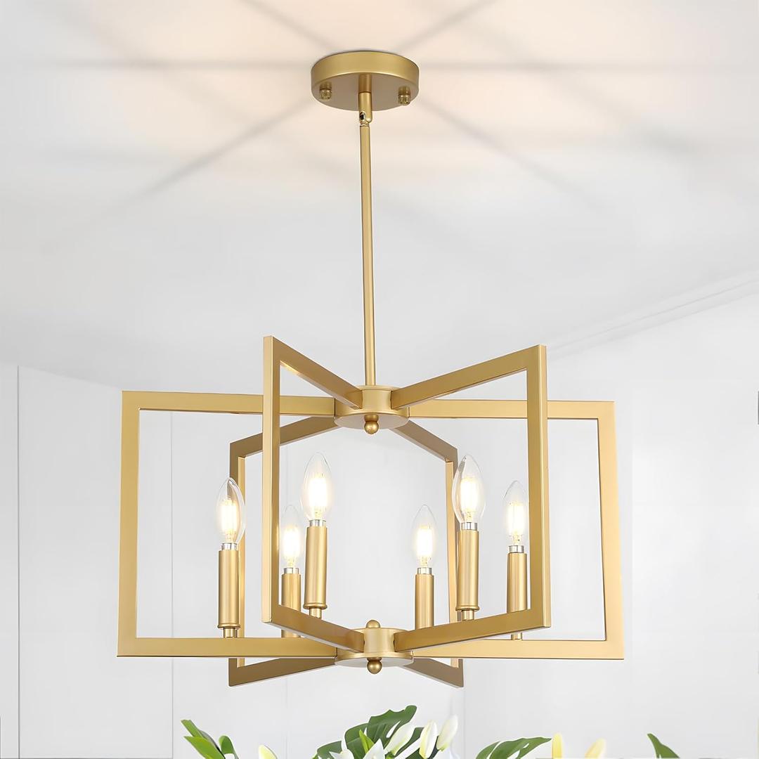 6-Light Gold Chandelier for Dining Room,22in Modern Farmhouse Pendant Light,Geometric Industrial Metal Hanging Light Fixture for Kitchen Island Entryway Foyer Living Room Bedroom