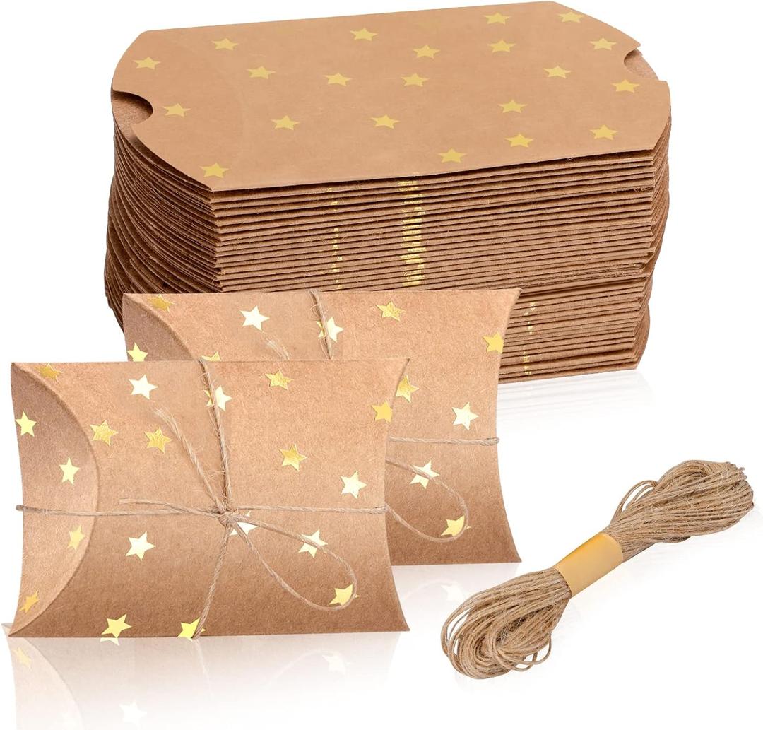 100 Pieces 2.36x3.5x0.98 inch Small Gift Pillow Boxes for Gifts Kraft New Year Gift Box Christmas Pillow Boxes Pillow Gift Boxes with Jute String for Wedding New year Present and Birthday Party Favor