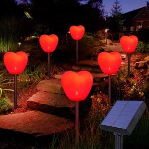 Set of 6 Solar Red Heart Stake Lights for Valentines Day Decor, Outdoor Waterproof Heart Shaped Light for Garden Pathway Flowerbed Cemetery Grave Porch Walkway Valentine's Theme Decorations