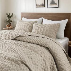 Beige Quilt Queen Size Bedding Sets with Pillow Shams, Lightweight Soft Bedspread Coverlet, Quilted Blanket Thin Comforter Bed Cover, All Season Summer Spring, Tan Cream, 3 Pieces,