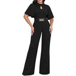 Yiershu Womens Casual Loose Ruffles Short Sleeve Belted Wide Leg Pant Romper Jumpsuit Casual Business One Piece Outfits Small