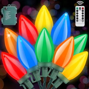 50 LED C9 Christmas Lights Battery Operated 26.5Ft C9 Christmas String Lights Christmas Battery Lights Timer 8 Lighting Modes for Indoor Outdoor Xmas Tree Garden Patio Party Christmas Decor