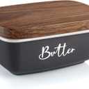 Gray Butter Dish, ALELION Large Ceramic Butter Dish with Lid for Countertop, Butter Container with Acacia Wooden Lid, Modern Country Kitchen Decor and Accessories for Counter, for Kitchen Gifts