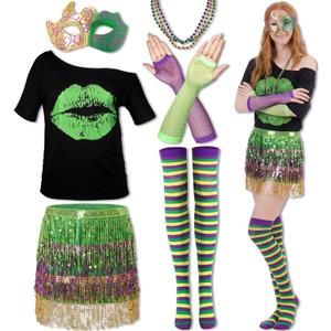 SATINIOR 6 Pcs Mardi Gras Outfit for Women Mardi Gras Costume Purple Sequin T-Shirt Skirt with Feather Mask Beads Necklaces (Medium, Green)