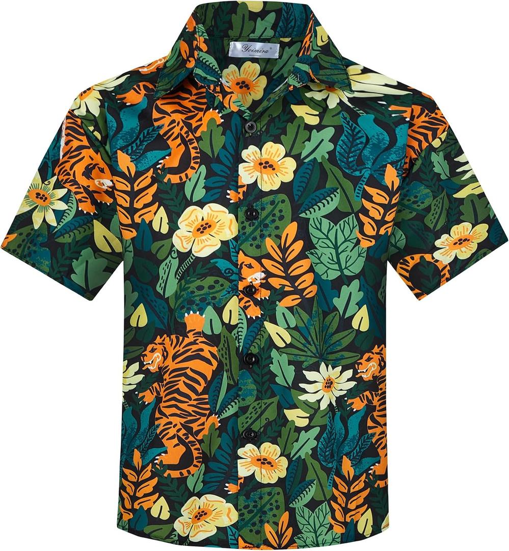 Yoimira Hawaiian Shirts for Boys, Button Down Short Sleeve Tropical Print, Kids Summer Beachwear Tops 7-14 Years (Green)