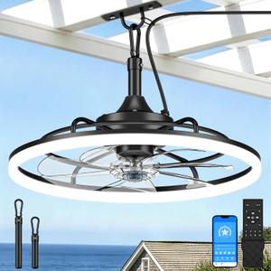 VOLISUN Outdoor Ceiling Fans with Light for Patios, 23.6in Weatherproof Plug in Ceiling Fan, 3000K-6500K Dimmable Gazebo Fan Remote&APP Control, Black Caged Ceiling Fan for Porch, Pergola, Canopy