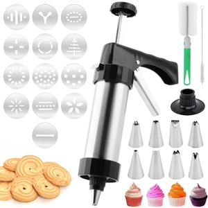 Stainless Steel Cookie Press Gun  13 Discs & 8 Piping Tips for Baking & Decorating | Ideal for DIY Spritz Cookies, Cakes & Desserts  Perfect for Home Bakers & Dessert Lovers