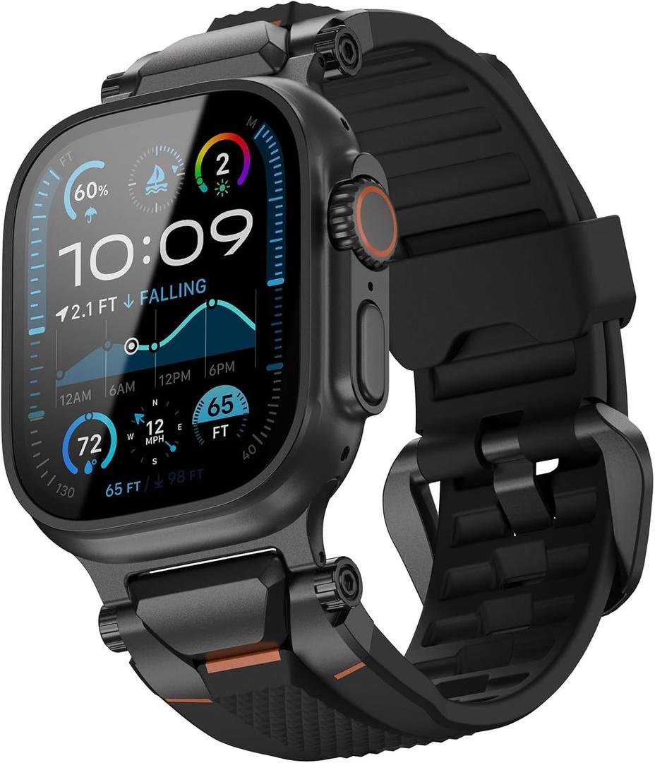 ULTIMAL Rugged Band for Apple Watch Ultra 3/2/1 49mm, Series 11/10/9/8/7/6/5/4 SE 46mm/45mm/44mm, Waterproof, Soft TPU Strap with Stainless Steel Buckle & Connectors, Sweat-Resistant, Easy to Clean, Fits 155-225mm Wrist (Black/Black)