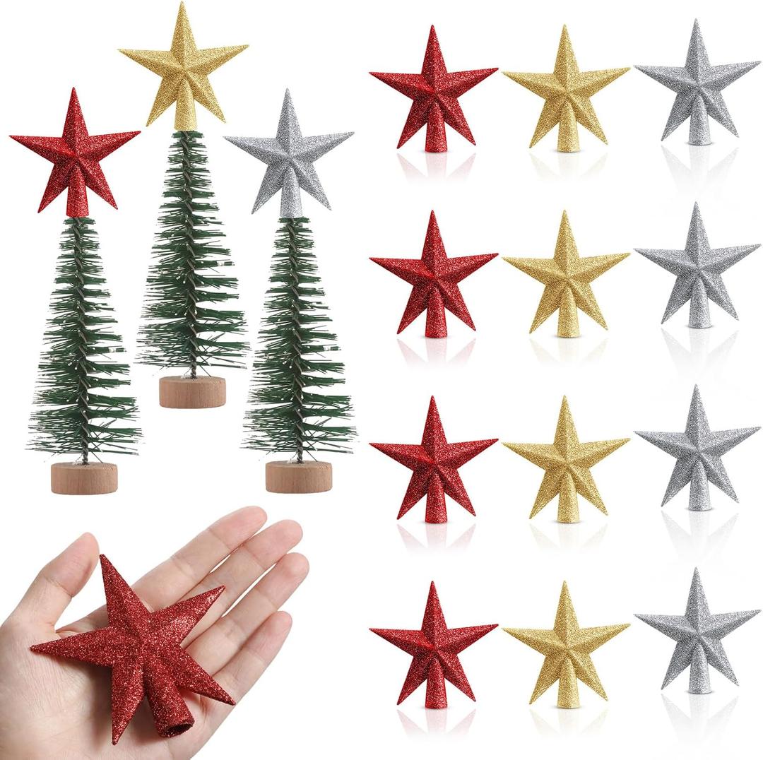 Hiboom 12 Pcs Mini Christmas Tree Topper 4 Inch Glitter Star Treetop Small Christmas Tree Topper Star Mini Xmas Tree Ornaments Bulk Decorative for Crafts Home Xmas Holiday Party (Silver Red Gold)