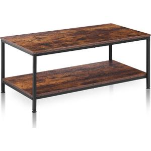 SUPER DEAL 2-Tier Coffee Table with Storage Shelf for Small Apartment Living Room, Rectangle Wood and Stable Metal TV Stand Side End Table, Rustic Brown (39.4in)