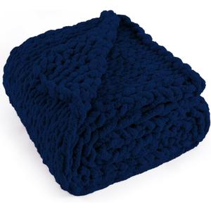Chunky Knit Throw Blanket 50"X 60", 100% Handmade with Soft Chenille Yarn, 4.4lbs Thick Cable Knitted Blankets, Large Rope Knot Crochet Throws for Couch Sofa Bed Home Decor, Navy Blue