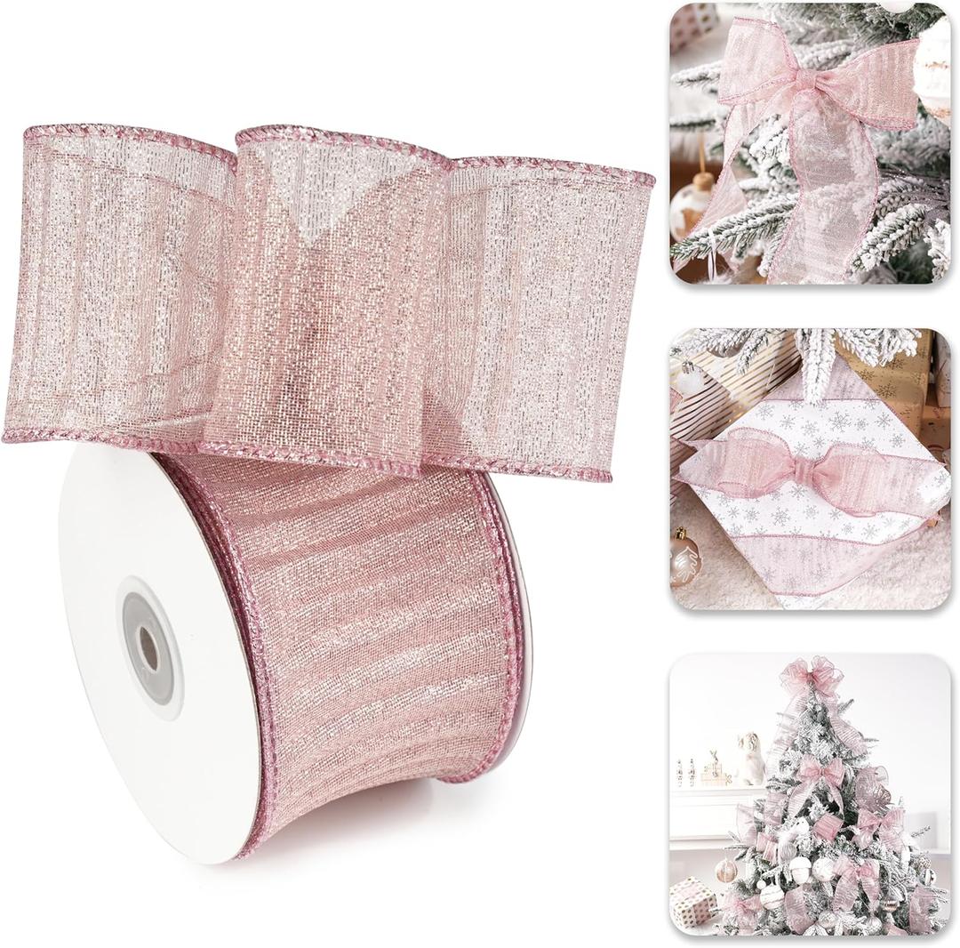 Rose Gold Ribbon Wired 2.5" X 10 Yards Rose Gold Crinkle Metallic Christmas Ribbon for Tree Decoration Gift Wrapping Wreaths Bows Home Decor Garland Swags