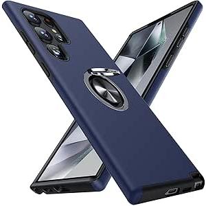 AIOVETEAB for Samsung Galaxy S24 Ultra Case,Silky Soft Touch Heavy Duty Protective Cover with Ring Holder Kickstand Magnetic Phone Case for S24 Ultra 5G 6.8'' 2024 (Navy Blue)