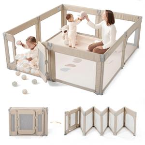 Sweeby Foldable Baby Playpen, 79x71 Playpens for Babies and Toddlers Large Play Yard with Door Baby Fence with Gate and Indoor & Outdoor Play Pen, Light Khaki