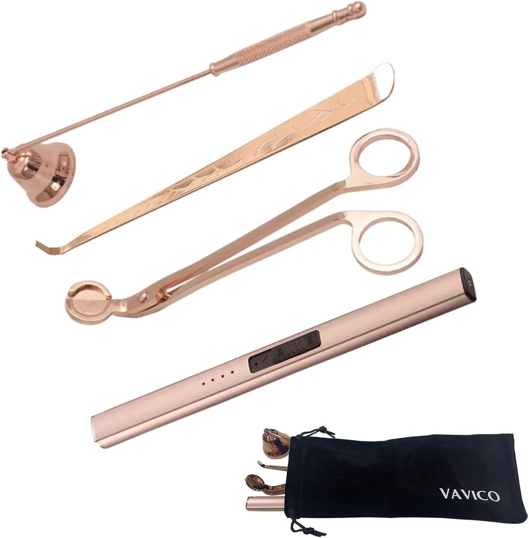 Candle Wick Trimmer Cutter Snuffer Arc Lighter Set Candle Care Kit Electric Plasma USB Rechargeable Long Windproof Lighter Candlesnuffer Candles Wicks Dipper (Rose Gold)