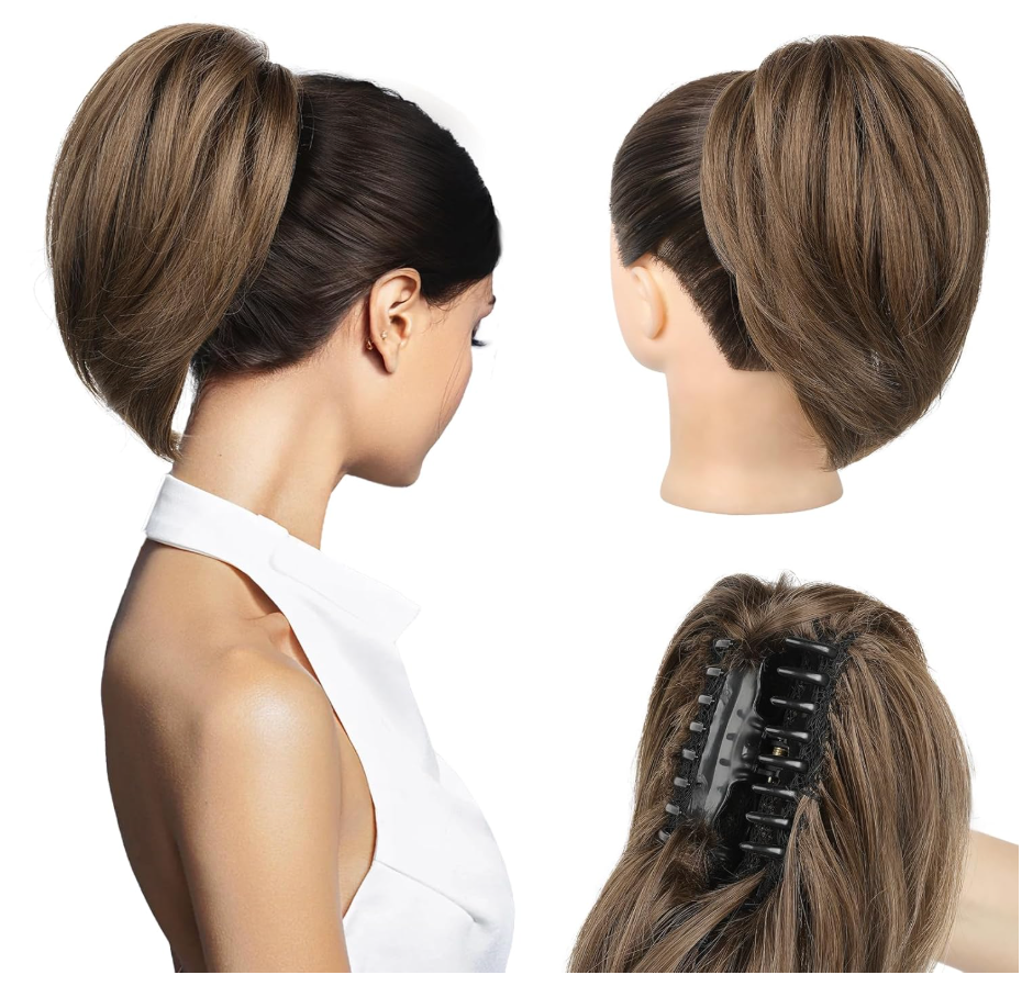 NTYNTY Ponytail Extension - 10" Short Claw Clip in Ponytail Hair Extensions Messy Bun Hair Piece Natural Soft Synthetic Straight Pony Tail Hair Pieces for Women - Ash Brown with Highlights