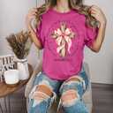 2 x Christian Shirts for Women: Cross T-Shirt Pink Bow Graphic Tee Fall Bible Verse Shirt Religious Faith Tops (Pink, XL)