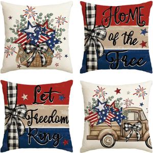 AVOIN colorlife Let Freedom Free Eucalyptus Stars Fireworks Car Throw Pillow Covers, 20 x 20 Inch 4th of July Patriotic Independence Memorial Day USA Flag Cushion Case Decorations Set of 4
