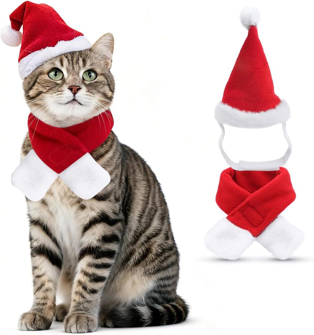 Cat Santa Hat with Scarf, Christmas Costume Suit for Cats Small Dogs Rabbits Doll, Holiday Party Decoration for Pets, Red S