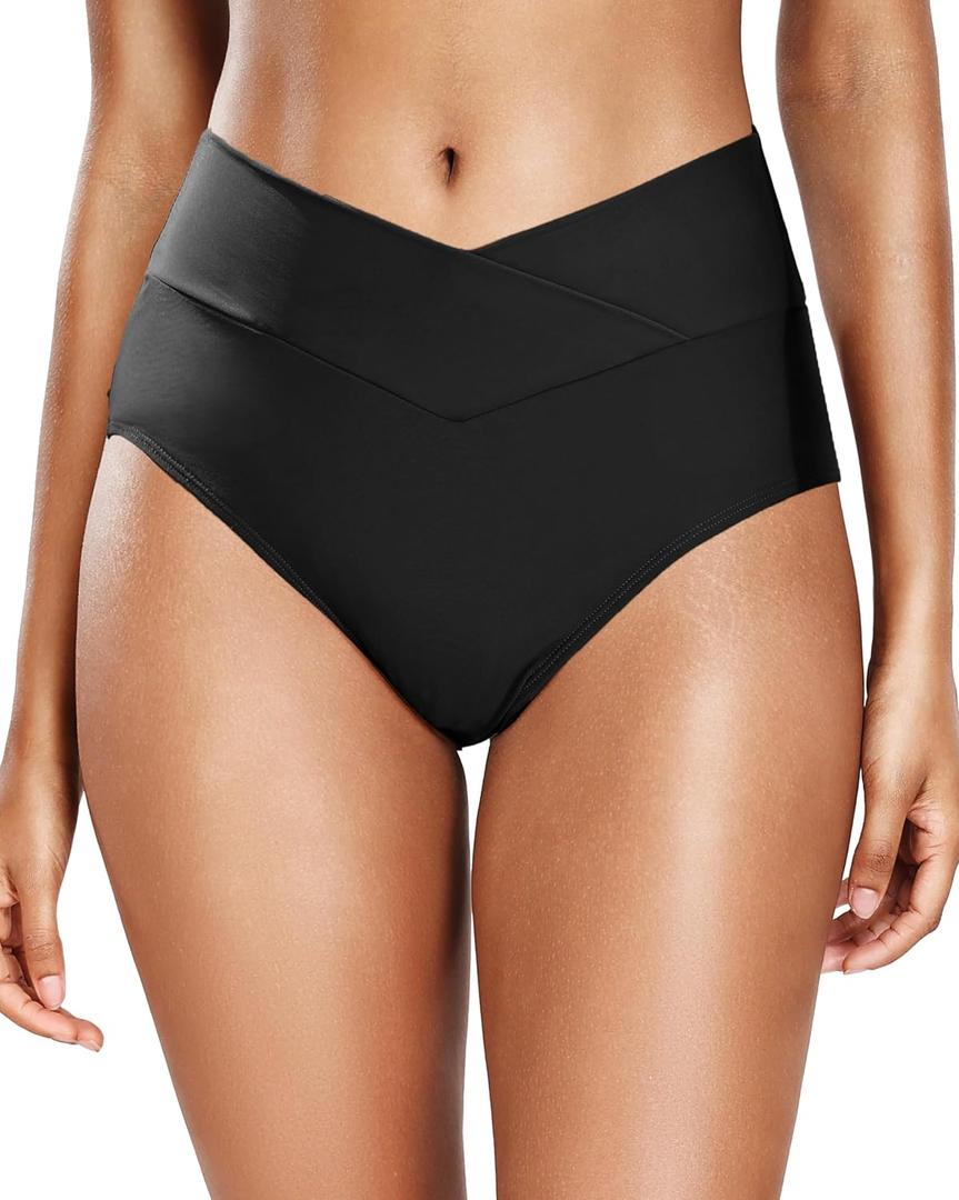 Women V Cut Full Coverage Bikini Bottom - High Waist Swim Bathing Suit Bottoms Cross V Front Swimsuit (Black, XXL)