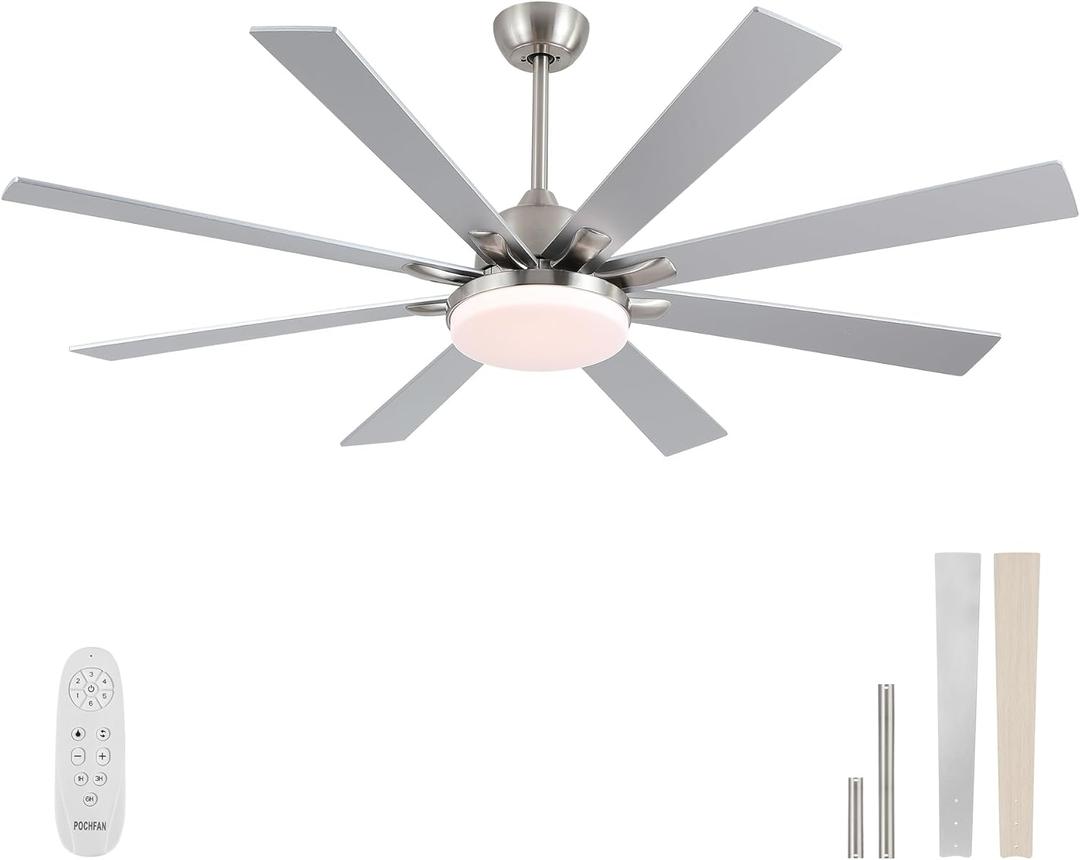 62 Inch Ceiling Fans with Lights, Large Modern Ceiling fan with Remote and 8 Wooden Blades, Dimmable, 6 Speeds,Noiseless Reversible Indoor&Outdoor Fan for Bedroom, Patio, Living Room (Brushed Nickel)
