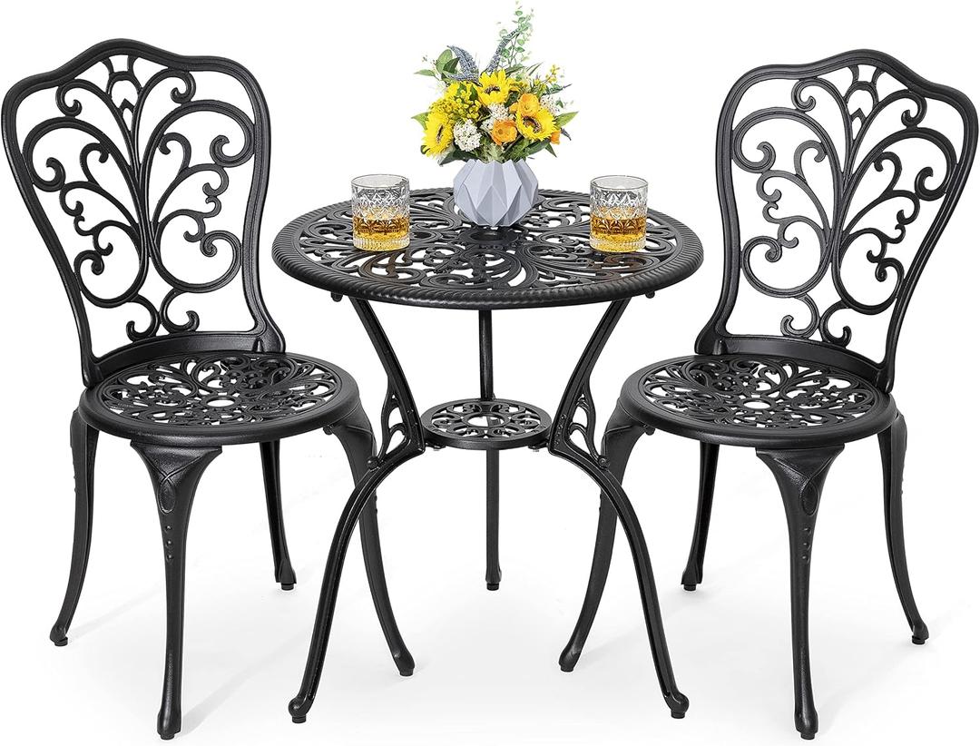 NUU GARDEN 3 Piece Bistro Set Outdoor, All Weather Cast Aluminum Patio Bistro Sets Patio Table and Chairs Set of 2 with Umbrella Hole for Yard, Balcony, Black, Butterfly Backrest, Without Cushion