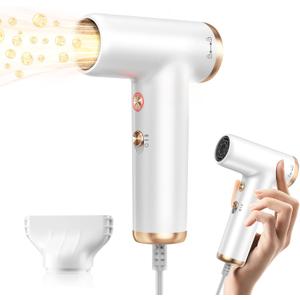 Mini Hair Dryer, 4-Temp High Speed Ionic Hair Dryer, 2-Speed Lightweight Portable Small Hair Dryers, 110,000 RPM Hair Blow Dryer Travel Blow Dryer with Self-Cleaning Styler & Advanced Protection (White)