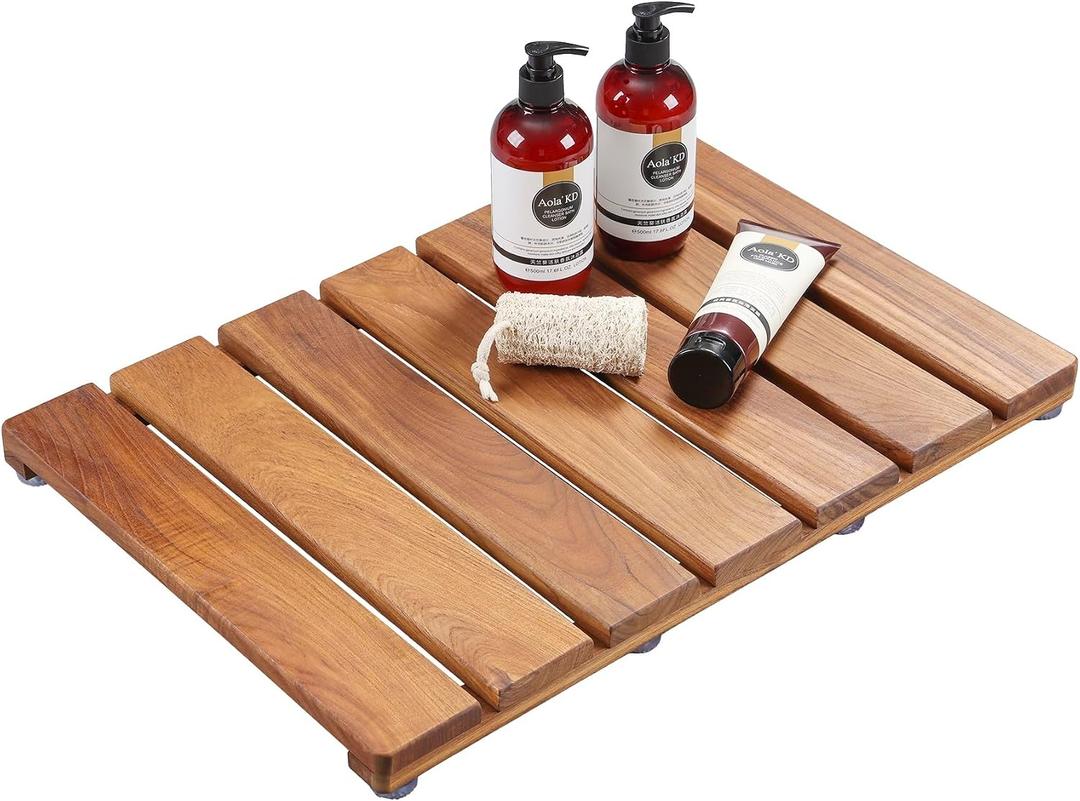 Natural Teak Wood Shower Bath Mat, 20.67 * 14.76 Inches, Non-Slip Rubber Feet, Premium Wooden Floor Mats for Spa, Sauna, Pool and Hot Tub, Flooring Decor and Protector, Indoor and Outdoor Use., 20.7" x 14.8"