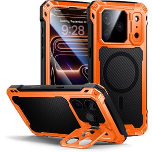 Lanhiem for iPhone 17 Pro Max Metal Case with Kickstand, Compatible with MagSafe, Built in Tempered Glass Screen Protector, Heavy Duty Shockproof Rugged Full Body Tough Phone Cover 6.9" (Orange)