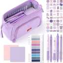 HVOMO Stationery Set,1 large-capacity pencil case,5 quick-drying pens,50 waterproof stickers,2 sticky note pads(200 sheets),1 set of 10-color index labels (200 sheets),Student stationery gift (Purple)