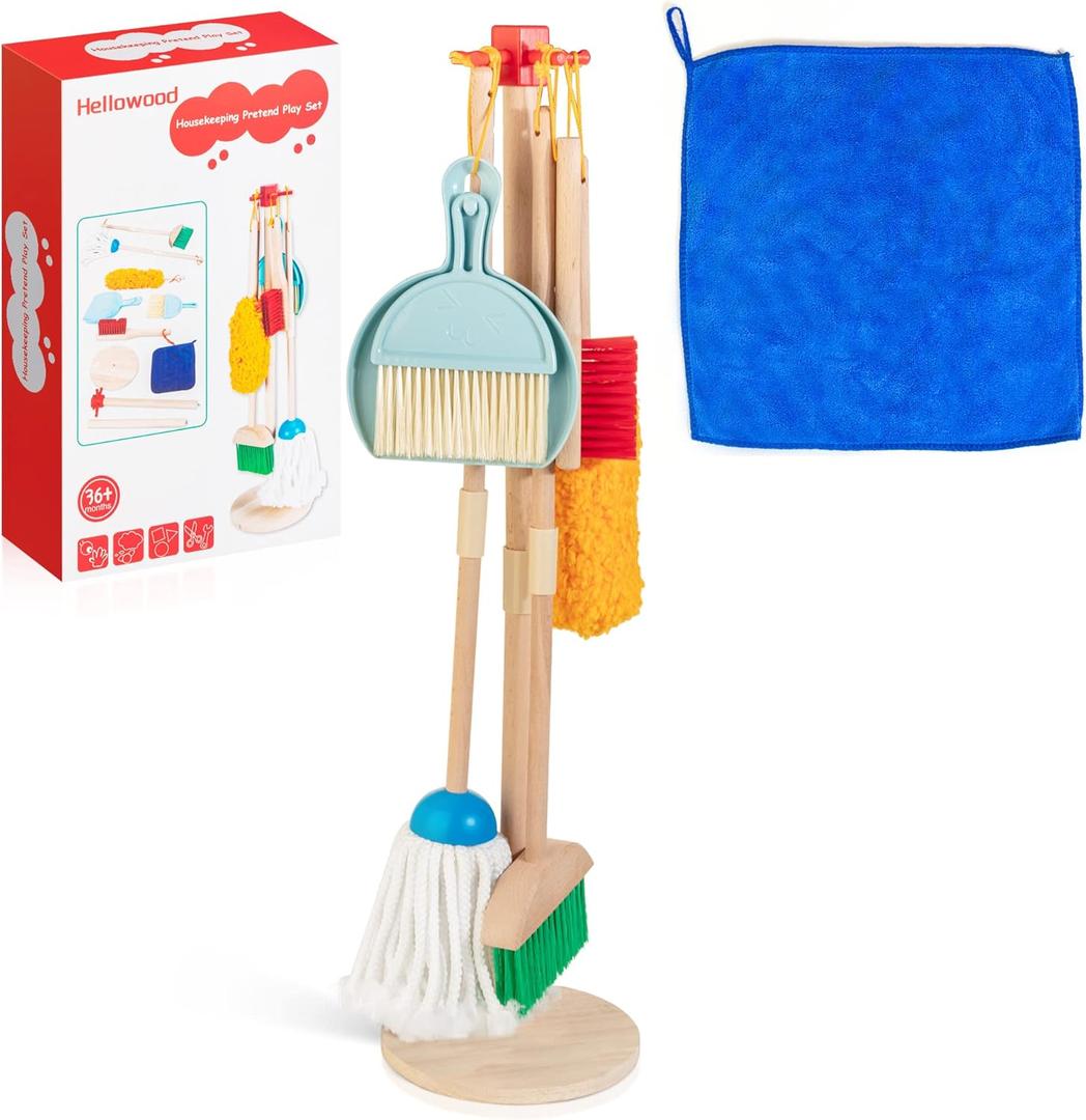 HELLOWOOD Kids Cleaning Set, 8 Pcs Wooden Housekeeping Play Set Includes Broom Mop Duster Dustpan Brushes Rag and Organizing Stand, Cleaning Toys Gift for Toddlers Girls Boys Age 3-6, Solid Beech Wood