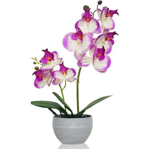 Purple Orchid Artificial Flowers 2 Stems in Grey Pot, Potted Faux Orchid Flower for Home Bathroom Table Living Room Office Kitchen Decor