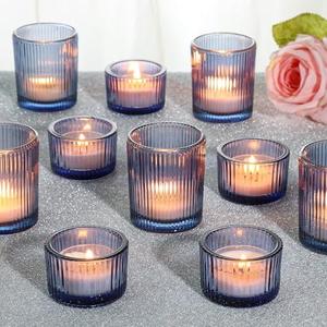 SUPMIND 24 Pcs Ribbed Votive Candle Holders, Dark Blue Glass Candle Holder Bulk for Table Centerpiece, Tealight Candle Holders Glass for Wedding Shower, Party and Home Decor