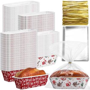 Teenyyou 50 Sets Christmas Paper Loaf Pan 6.3 x 2.2 x 2.2 Inch Mini Disposable Bread Pans with Clear Plastic Bags and Ties Rectangle Baking Mold Loaf Containers for Bread Cake Baking (Stylish Style)
