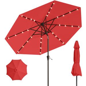 10FT Solar Umbrella 32 LED Lighted Patio Umbrella Table Market Umbrella w/Tilt and Crank, UV-Resistant Outdoor Umbrella for Pool, Garden, Deck, Red
