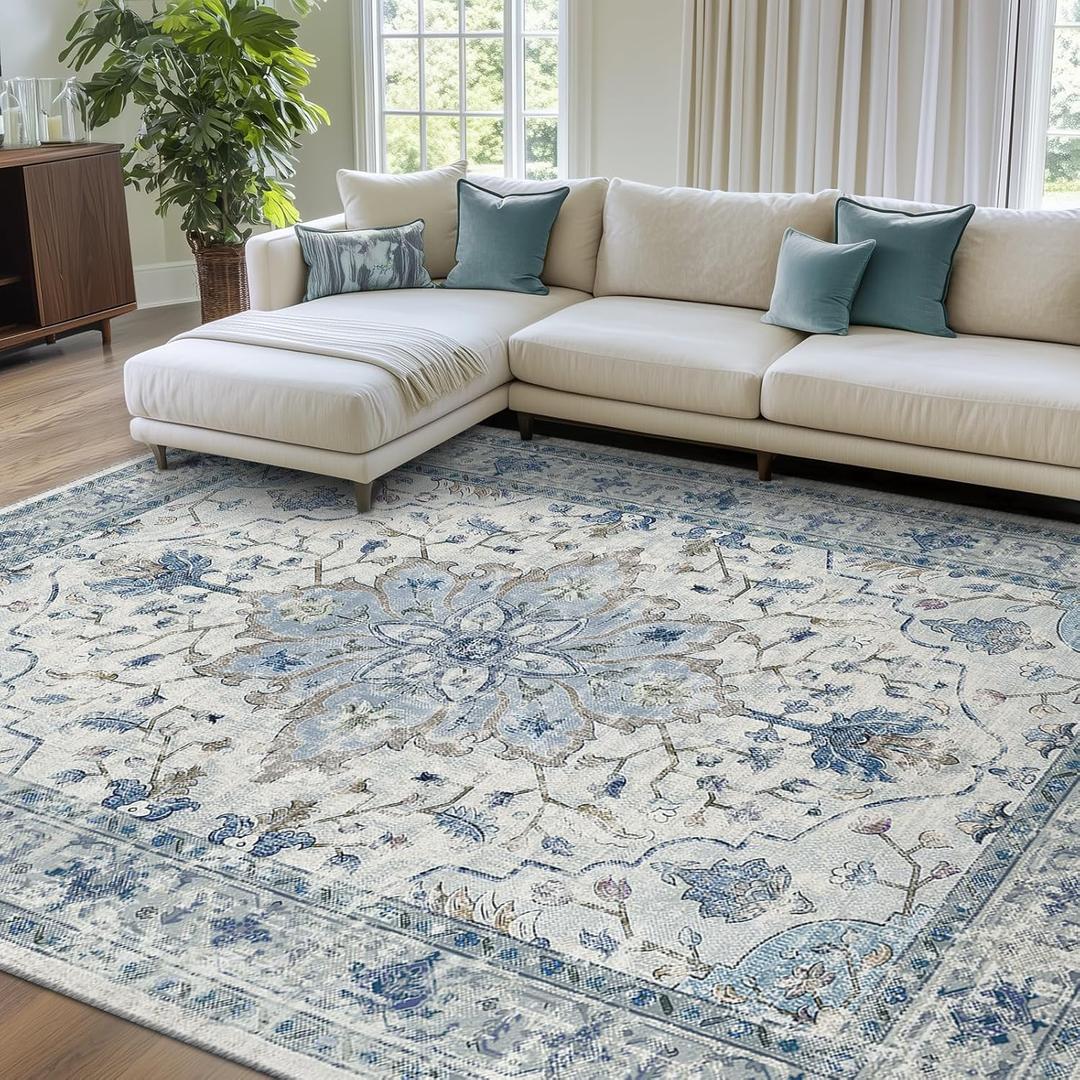 Area Rugs 8'x10' Washable Non-Slip, Floral Vintage Distress Print Pattern Medallion Carpet for Living Room Bedroom Dining Room, Light Blue Navy Beige Gray White