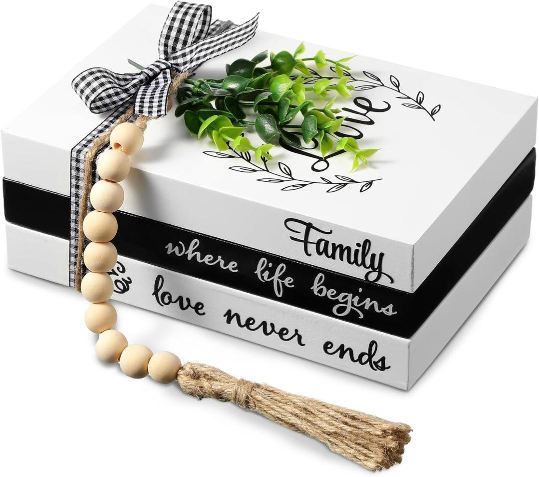 Capoda 3 Pcs Decorative Books for Home Decor Farmhouse Faux Stacked Books Wooden Rustic Table Decor with Bead Garland Twine Ribbon Faux Leaf for Table(Love)