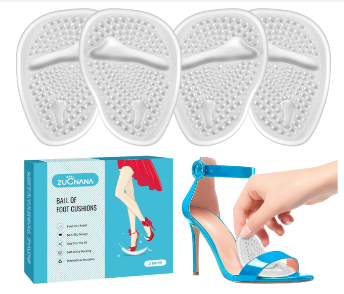 ZUCNANA Ball of Foot Cushions (2 Pairs Gel Shoe Inserts), Heel Inserts for Women, Non Slip Heel Pads, Heel Cushions for Women Foot Pain Relief and Comfort, One Size Fits Any (Clear)
