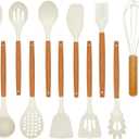 Kitchen Utensils Set - 12 Pcs Silicone Cooking Utensils Set with Wooden Handle - Heat Resistant Non-Stick BPA Free Spatula Set,Turner, Spoon, Brush, Silicone Kitchen Gadgets Utensil Set (Cream White)