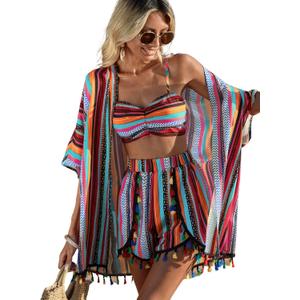 Verdusa Women's 3 Piece Outfits Short Sleeve Open Front Kimono and Boho Cami Top and Tassel Trim Tropical Shorts Set (Blue) XS
