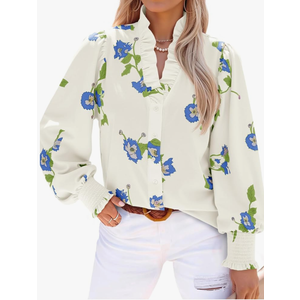 Tankaneo Womens Floral Ruffle Blouses Dressy Casual Long Puff Sleeve Boho Tops V Neck Button Down Shirts White, XL