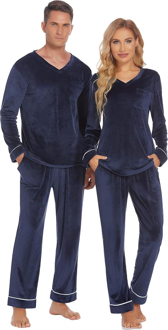 Ekouaer Couples Matching Pajamas Sets Velvet PJs Set for Men and Women Velour Long Sleeve Sleepwear S-XXL (Blue)